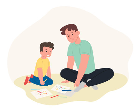 Smiling father and son drawing pictures, sitting on the floor. Family spending time together, concept of painting with family. Flat design illustration. Vectorのイラスト素材