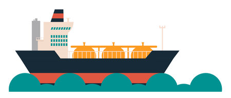 Ship transporting oil, barge moving oil and gas on water. Concept of safe transportation of oil. Flat design illustration. Vector.のイラスト素材