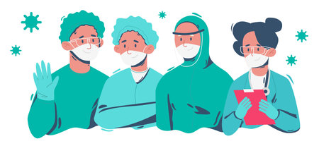 Four doctors in protective masks in a row, medical workers working. Female and male doctors in suits with analysis. Flat design illustration. Vectorのイラスト素材