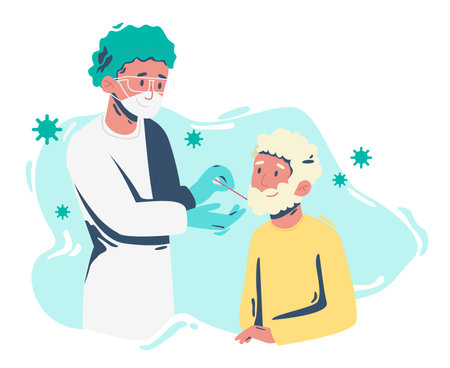 Doctor with a testing for antibodies with smiling patient. Medical treatment in hospital, coronavirus test. Flat design illustration. Vector.のイラスト素材