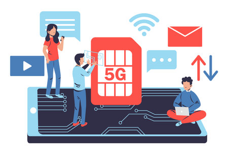 People with laptop and smartphone sim card with 5g internet. High speed internet connection, concept of wireless connection. Flat design illustration. Vectorのイラスト素材