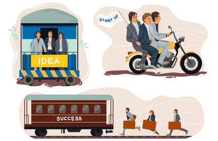 Set of business partners teamwork concept to achieve success. Challenge and start up concept. Vector illustration in cartoon style.のイラスト素材