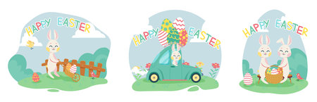 Set of easter bunnies and easter eggs. Happy easter and holiday concept. Cartoon character flat vector illustration.のイラスト素材