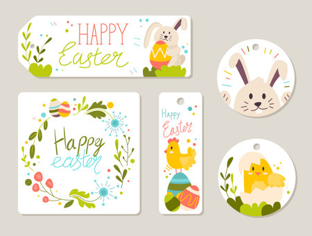 Set of happy Easter banners with bunny and chick. Holiday concept. Cartoon character flat vector...