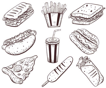 Hand drawn collection of fast food icons. Food and drink concept. Vector illustration designのイラスト素材