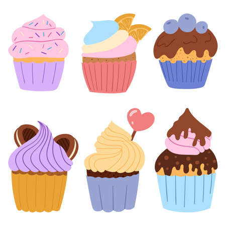 Set of sweets cupcakes and muffins with cream and chocolate cakes. Sweet pastries decorated with cherry and heart. Vector illustration designのイラスト素材