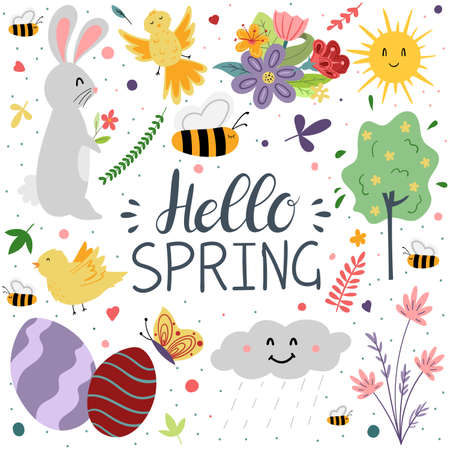 Hello spring greeting card with cute bunny, butterfly and bee in summer flowers. Vector illustration designのイラスト素材