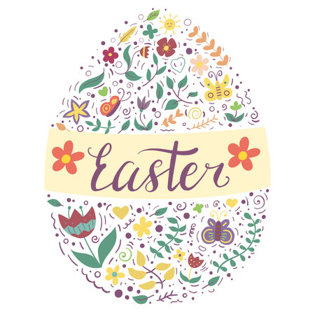 Easter frame with easter eggs on white background. International holiday celebration concept. Vector illustration in flat style.のイラスト素材
