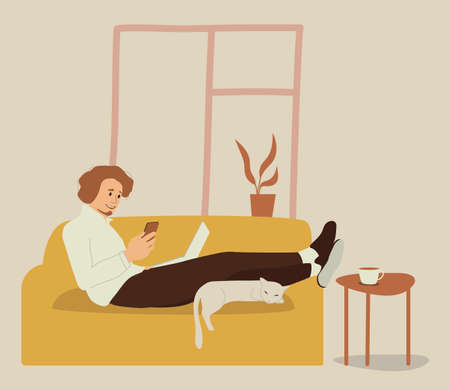 Female with laptop lying on sofa with cat at home interior, isolated freelancer. Concept of working at home. Flat design illustration. Vectorのイラスト素材
