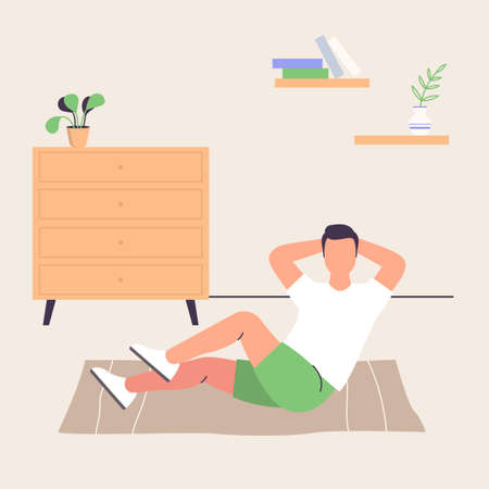 Man doing morning sport exercise lying on the floor, keeping fit indoors. Concept of workout indoors, staying home. Flat design illustration. Vectorのイラスト素材