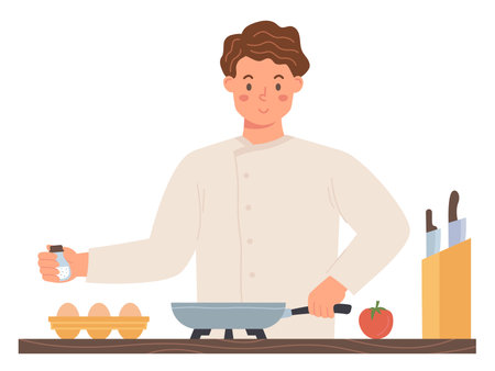 Man in chef costume cooking eggs with tomatoes, set of knives of the table. Concept of professional cook. Flat design illustration. Vectorのイラスト素材