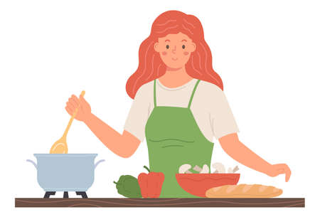 Female in green apron cooking soup with peppers and mushrooms. Concept of cooking, eating at home. Flat design illustration. Vector.のイラスト素材