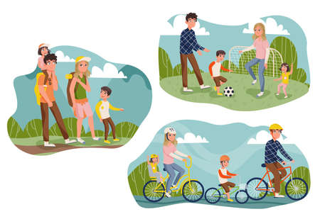 Collection of family go hiking, play football and ride a bike. Tourism and recreation concept. Vector illustration in cartoon style.のイラスト素材