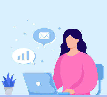 Office work, female in sweater with laptop writing and receiving messages. Concept of working online. Flat design illustration. Vectorのイラスト素材