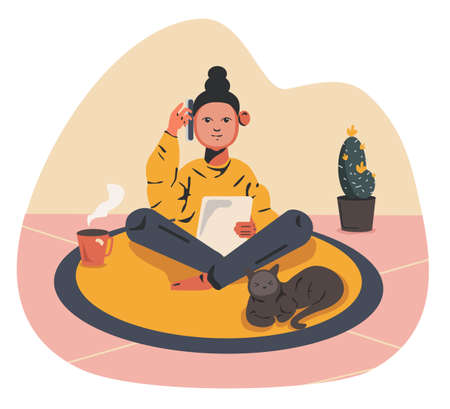 Asian man sitting on the carpet on the floor with cat. Man with phone talking at home. Concept of staying home. Flat design illustration. Vectorのイラスト素材