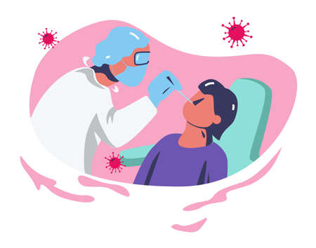 Patient is tested for having covid, doctor take analysis for covid in protective mask. Concept of test for covid in hospital. Flat design illustration. Vectorのイラスト素材