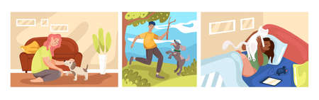 Set of animal care concept. The girl strokes the puppy. The guy plays with the dog in nature. A woman lies in bed with a cat. Vector illustration designのイラスト素材