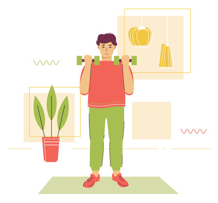 Man in sport clothes dumbbells in hands, doing sports indoors. Concept of activity. Flat design illustration. Vector.のイラスト素材