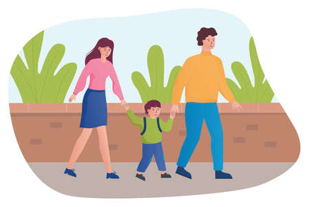 Father and mother get the kid to the school, little boy with backpack. Parents with a child, concept of first day at schoolのイラスト素材