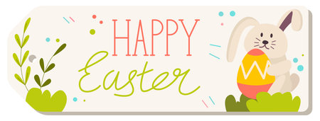 Happy easter paper postcard with writing, bunny with egg. Holiday present. Flat design illustration. Vector.のイラスト素材