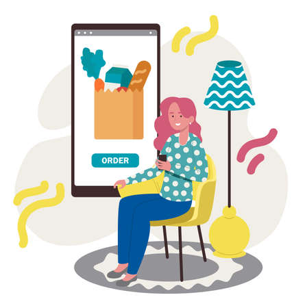 Woman in chair choosing food in online shop. Online delivery service of food, products in mobile app. Flat design illustration. Vectorのイラスト素材