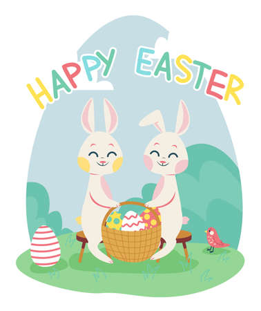Happy easter writing, two hares with wicker basket and coloured eggs inside. Concept of spring holiday. Flat design illustration. Vectorのイラスト素材