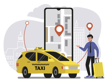 Calling for taxi in phone app, car and device screen with map of city, man with suitcase. Concept of taxi in city. Flat design illustration. Vectorのイラスト素材
