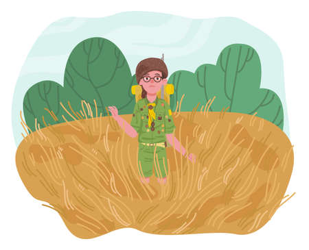 Scout girl in green uniform walking in a woods, background of trees. Flat design illustration. Vector. Vector illustrationのイラスト素材