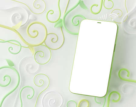 smartphone mockup screen in forest concept background. butterfly magic dream night fairytale concept. smartphone application shopping online sale. white background. greenery fresh. 3d illustrator.の写真素材
