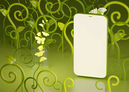 smartphone mockup screen in forest concept background. butterfly magic dream night fairytale concept. smartphone application shopping online sale connection 24 hours. greenery fresh. 3d illustrator.の写真素材