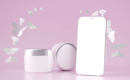 cosmetic lotion mockup. smartphone white screen. pink fairy tale magical fancy background concept. smartphone app. lotion moisturizer treatment container skincare facial body product. 3d illustrator.の写真素材