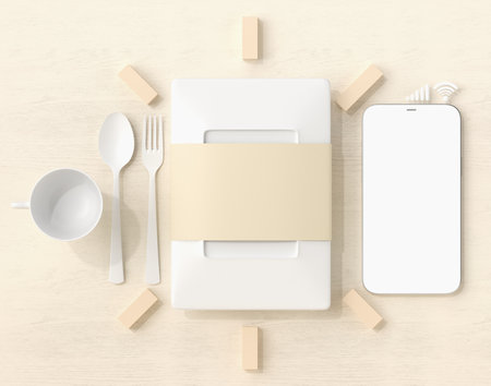 lunch box with smartphone white screen. online order restaurant application. breakfast box. mockup display. fast food delivery app. kid food promotion. a cup of water. shopping online. 3d illustrator.の写真素材