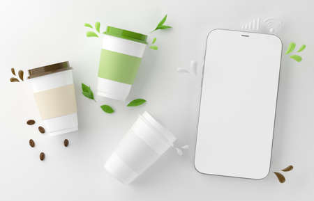 coffee tea milk beverage order online. smartphone screen. smartphone application online. coffee paper cup. green tea cup. milk cup. white background. beverage online shop restaurant. 3d illustrator.の写真素材