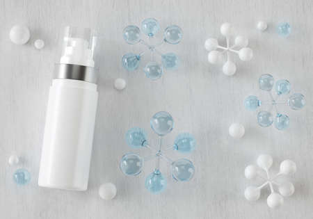 white cosmetic package product lotion. spray alcohol protection. science cell molecule concept. liquid blue water spray. virus protection product bottle. mockup bottle. bacteria clean. 3d illustrator.の写真素材