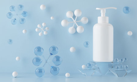 white pump container product mockup. cream lotion gel skin protection. virus bacteria cleaning. cosmetic beauty product. hand cleaning alcohol gel. virus molecule cell background concept3d rendering.の写真素材