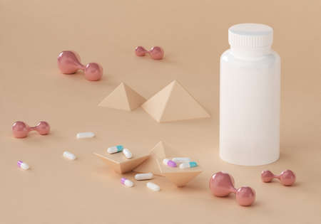 drug white bottle package. pill capsule on table background. pharmacy order sale. science background concept. hospital drug store service. pill tube container product. pyramid geometry. 3d rendering.の写真素材