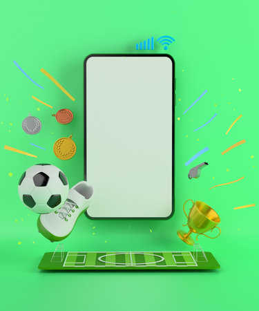 football concept with white screen smartphone template mockup. 3d illustration. football balls...