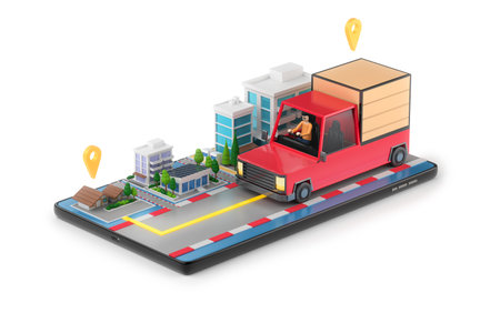 Delivery car with man driver shipping goods shopping online to home. tracking map GPS e-commerce...