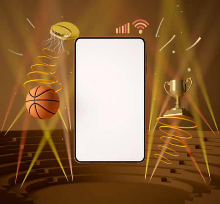 basketball live online from a smartphone. sport competition program. basketball game application. white screen mobile mock-up. sport online game. background copy space. 3d renderingの写真素材