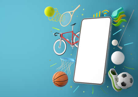 sport live online from a smartphone. sport competition program. game application. white screen mobile. sport online game. golf football volleyball tennis object. background copy space. 3d rendering.の写真素材