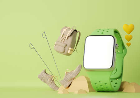 hiking training from a smartwatch. travel program. healthy app. white screen watch. sport online. GPS track map. health app trainer. fitness course. hiking concept. heart rate tracker. 3d rendering.の写真素材