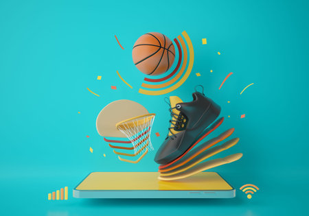 basketball with a smartphone. sport application online game. basketball training program. sport concept design. green background copy space. the online shopping store mobile connection. 3d illustratorの写真素材
