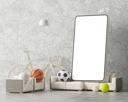 football online live. smartphone mockup with white screen. sports broadcast channel. internet game program. tournament design concept. soccer sport online tournament.  copy space. 3d illustration.の写真素材