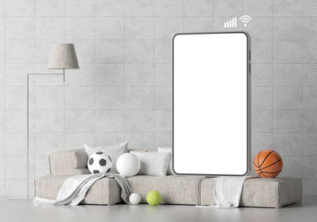 football online live. smartphone mockup with white screen. sports broadcast channel. internet game program. tournament design concept. soccer sport online tournament.  copy space. 3d illustration.の写真素材