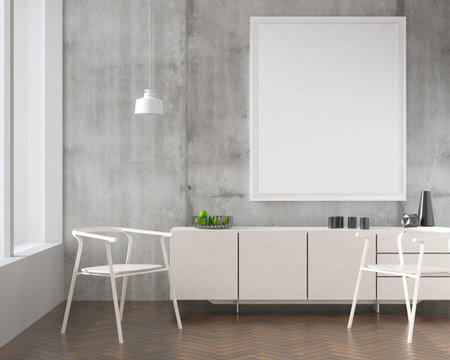 Mockup poster frame in Minimal style. interior with modern furniture. Minimalist interior design....