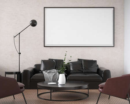 Mockup poster frame in Minimal style. interior with modern furniture. Minimalist interior design. living room frame design. copy space white background. modern white house concept. 3D illustration.の写真素材