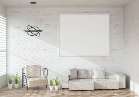 Mockup poster frame in Minimal style. interior with modern furniture. Minimalist interior design. living room frame design. copy space white background. modern white house concept. 3D illustration.の写真素材