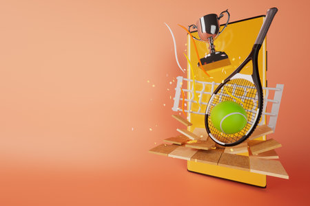 3d tennis ball with racket on smartphone screen. 3d winner cup challenge. 3d illustrator. online tennis championship streaming. sport competition player. watch the broadcast from mobile. sport appsの写真素材