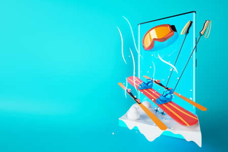 3d ski and snowboard on 3d snow. 3d illustrator. extreme sport online on smartphones. winter holiday activity. vacation season sport. winter sports news stream live watch. winter activity application.の写真素材