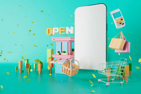 shopping online applications on smartphones. shop app with mobile screen. shopping cart object. 3d illustration. supermarket concept. white screen copy space. green background. buy sell promotion.の写真素材